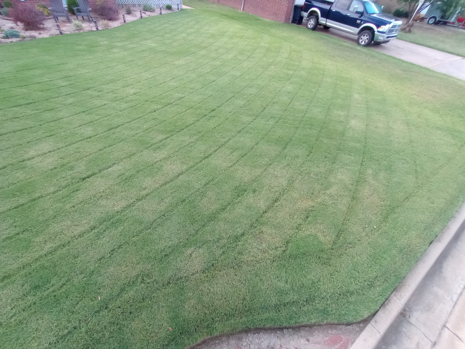 Freshly mowed lawn with crisp mowing stripes by AlaCarte Mowing & More in Enid, Oklahoma